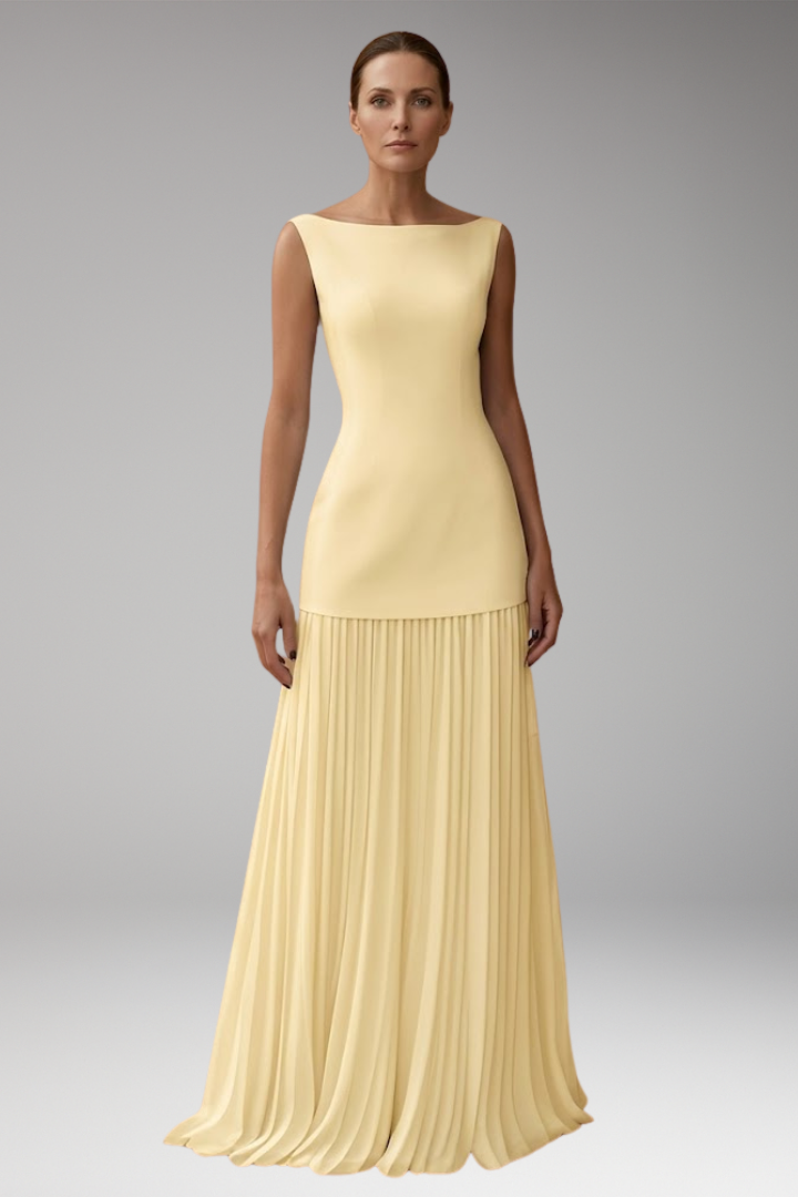 Women's Pleated Maxi Dress with Sleeveless Bodice and Flowing Skirt