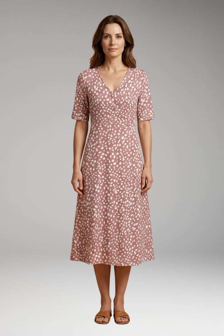 Women's Polka Dot Midi Dress with V-Neckline and Soft Fabric