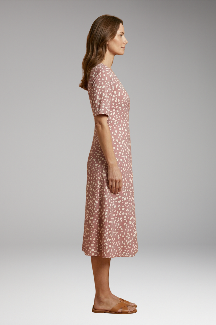 Women's Polka Dot Midi Dress with V-Neckline and Soft Fabric
