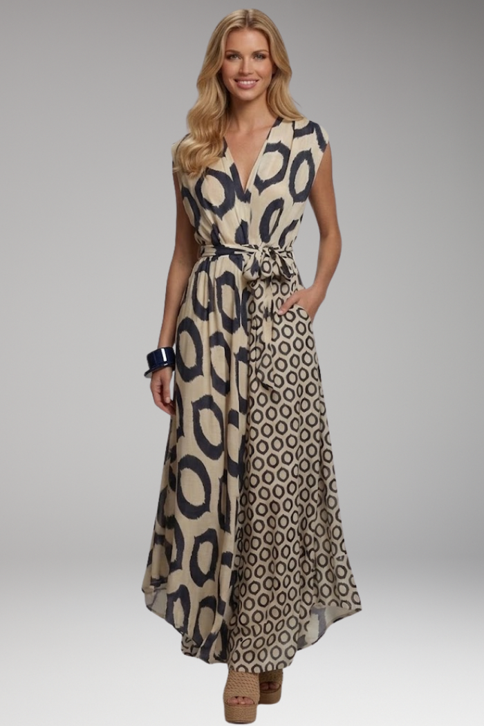 Women's Printed Jumpsuit with V Neckline and Waist Tie