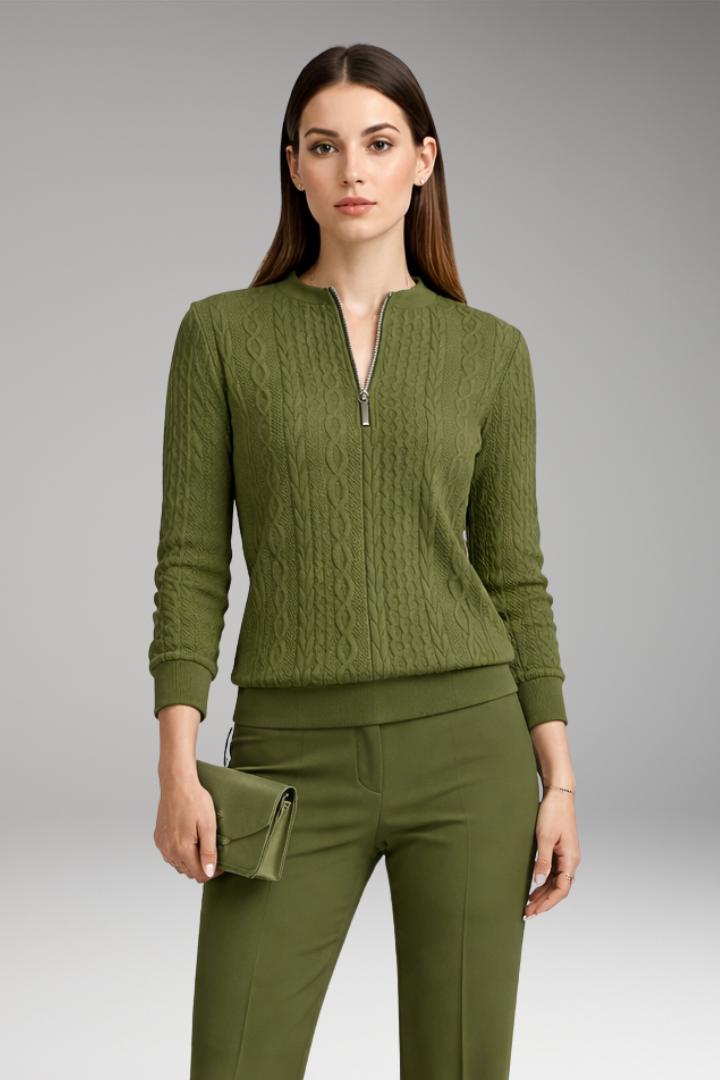 Women's Pullover with Front Zipper and Cable Surface