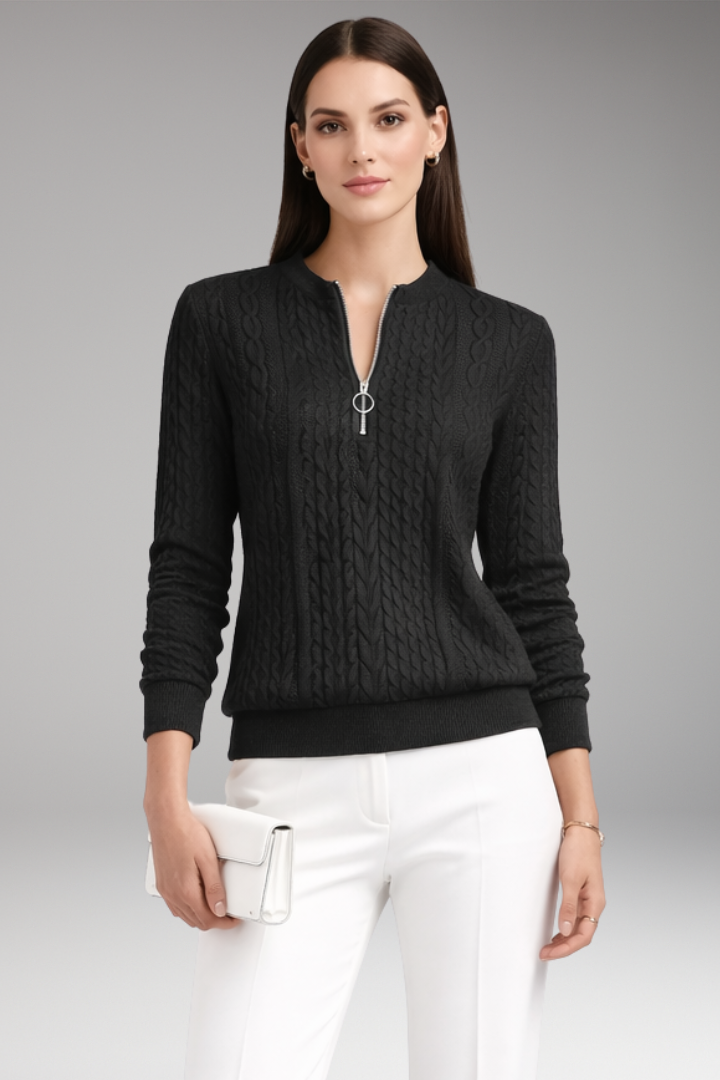 Women's Pullover with Front Zipper and Cable Surface