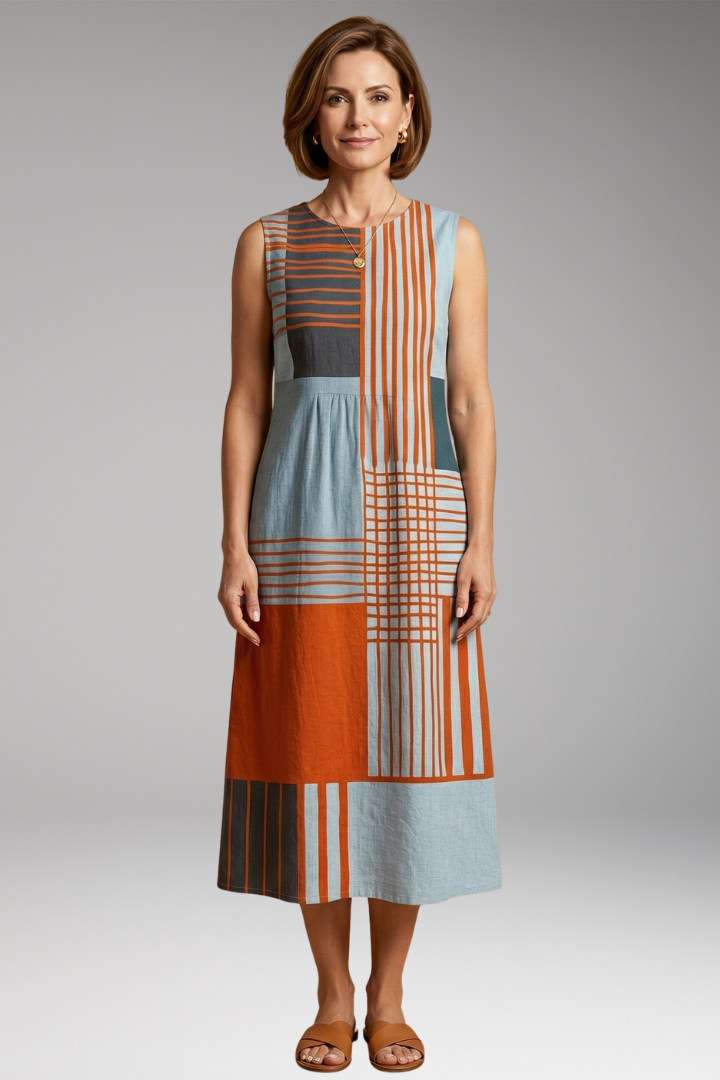 Women's Quiet Modern Maxi Dress with Geometric Design and Side Pockets