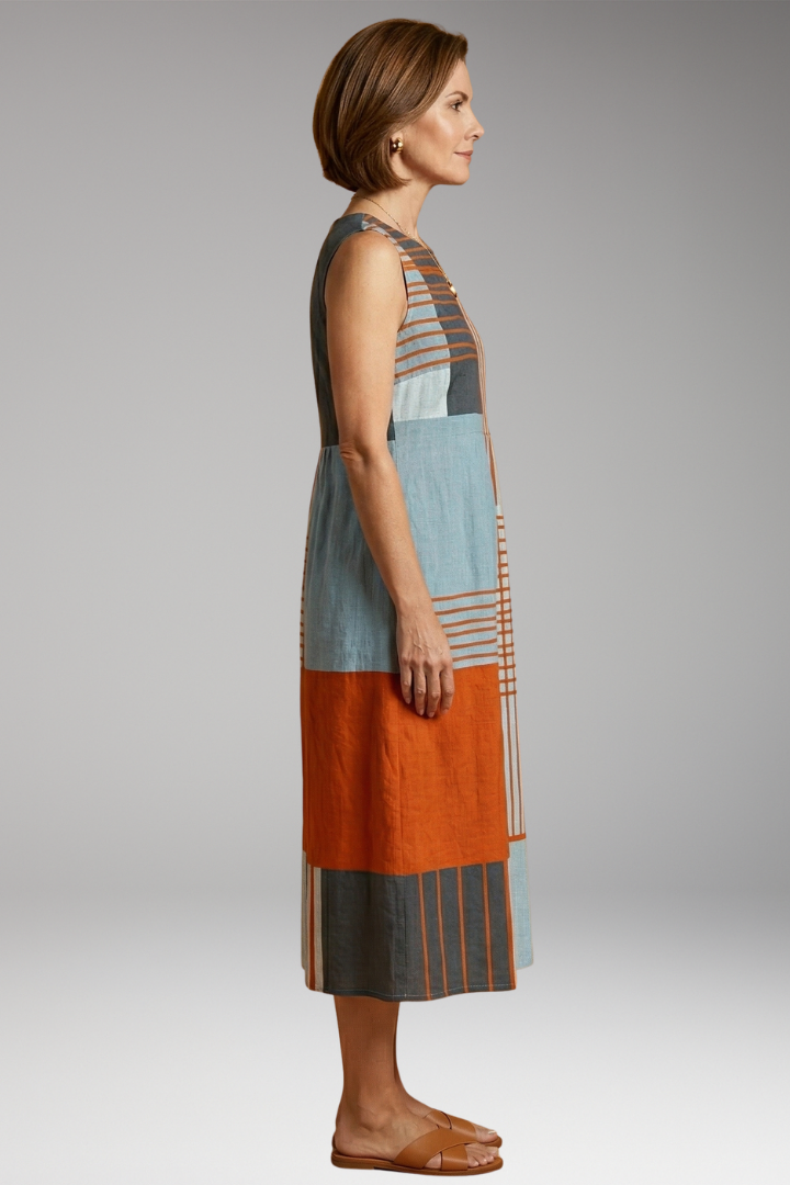 Women's Quiet Modern Maxi Dress with Geometric Design and Side Pockets