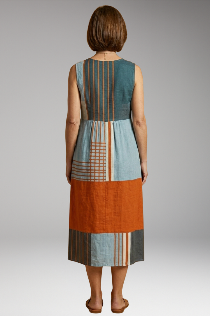 Women's Quiet Modern Maxi Dress with Geometric Design and Side Pockets