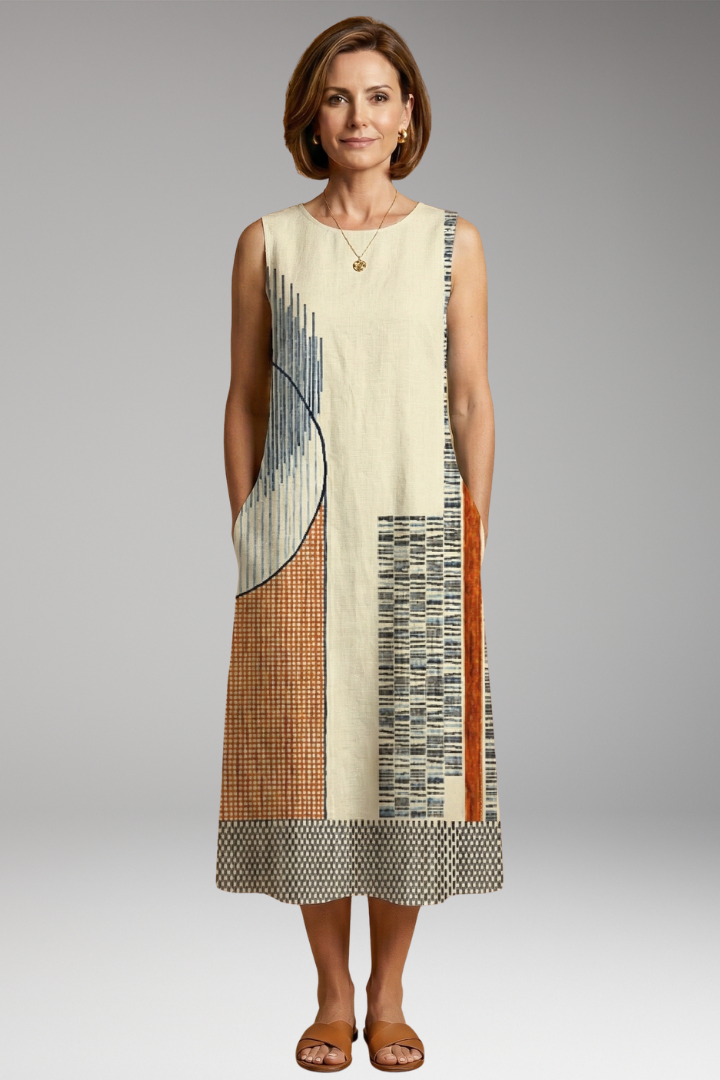 Women's Quiet Modern Maxi Dress with Geometric Design and Side Pockets