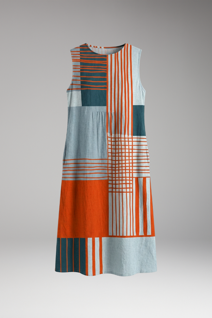 Women's Quiet Modern Maxi Dress with Geometric Design and Side Pockets