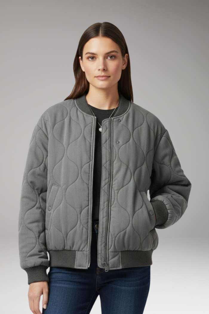 Women's Quilted Bomber Jacket with High Collar and Ribbed Edges