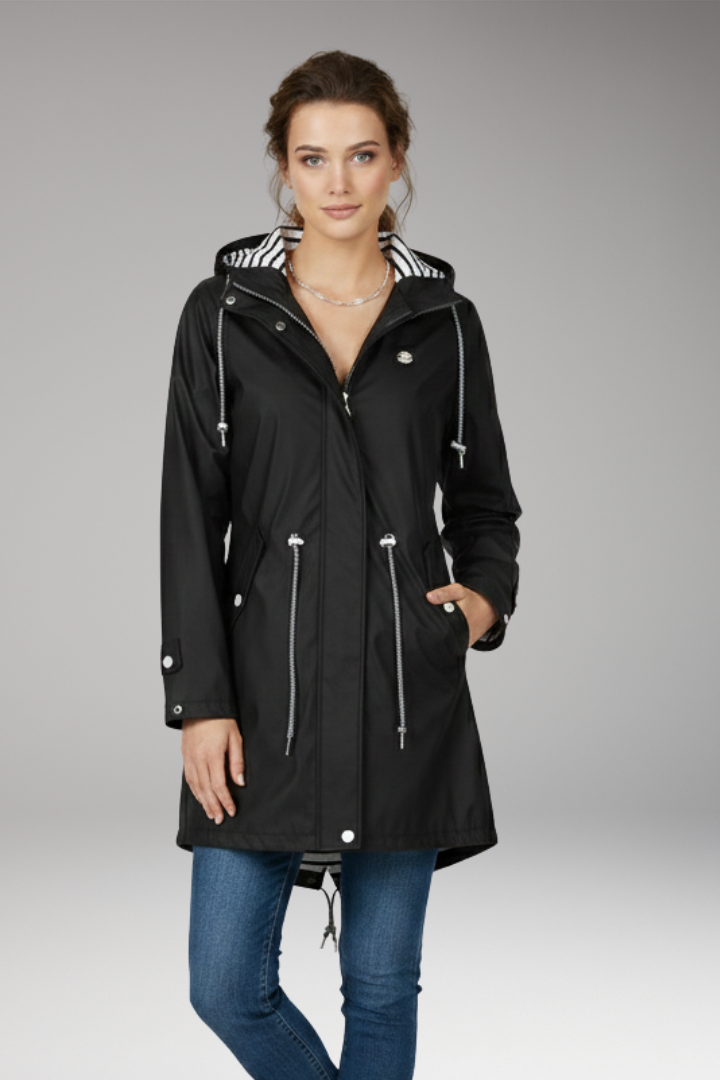 Women's Raincoat with Adjustable Hood and Water-Resistant Design