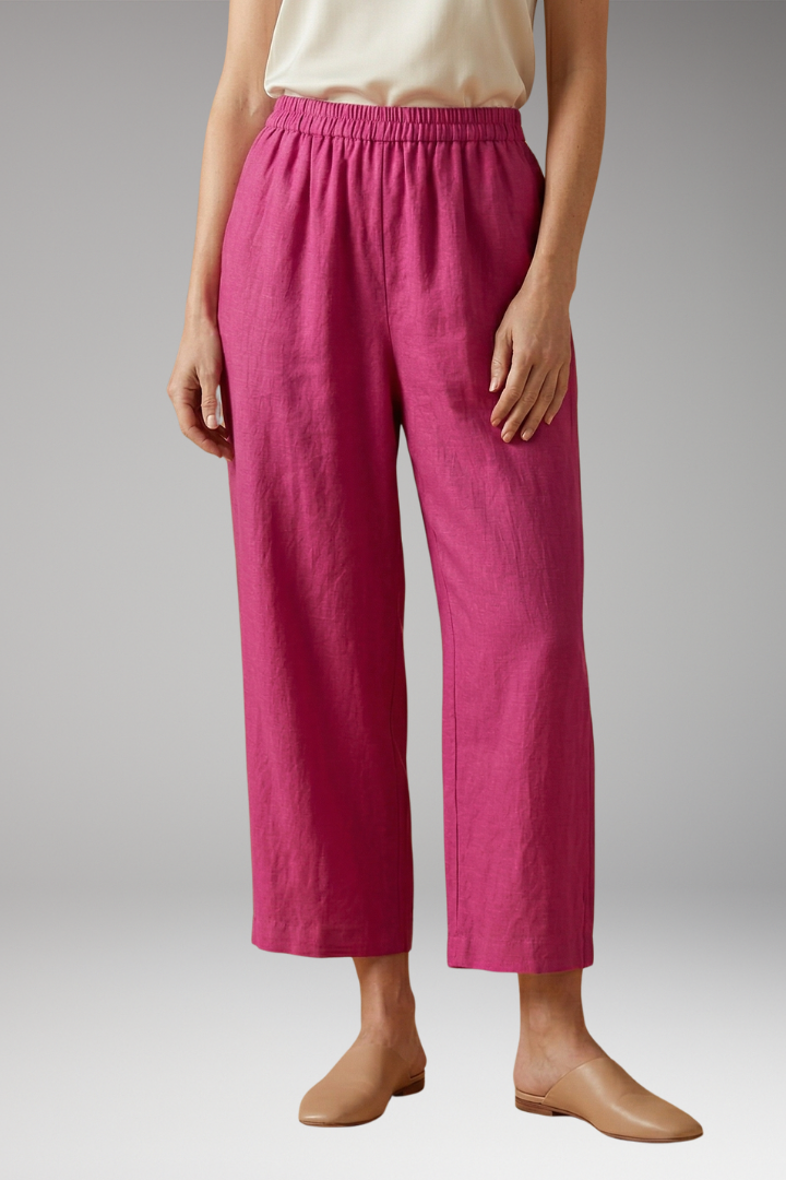 Women's Relaxed Linen-Cotton Trousers with Elasticated Waistband and Side Pockets