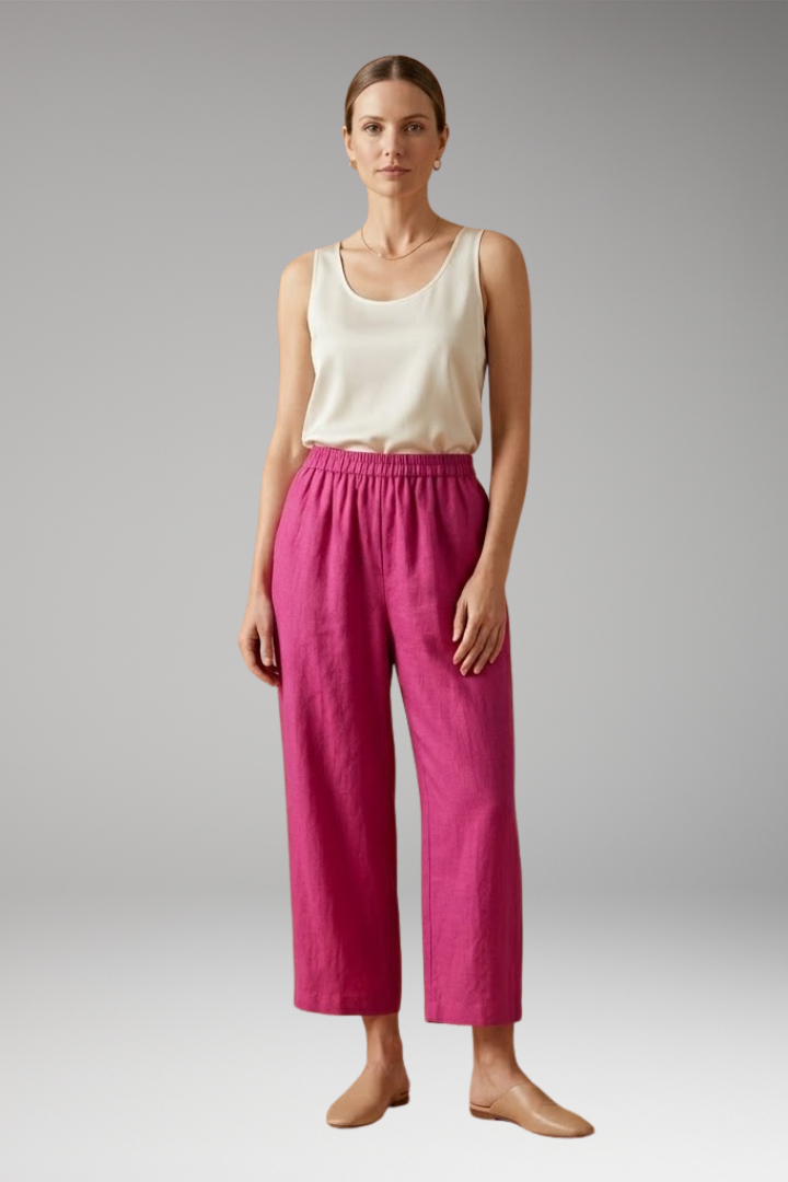 Women's Relaxed Linen-Cotton Trousers with Elasticated Waistband and Side Pockets