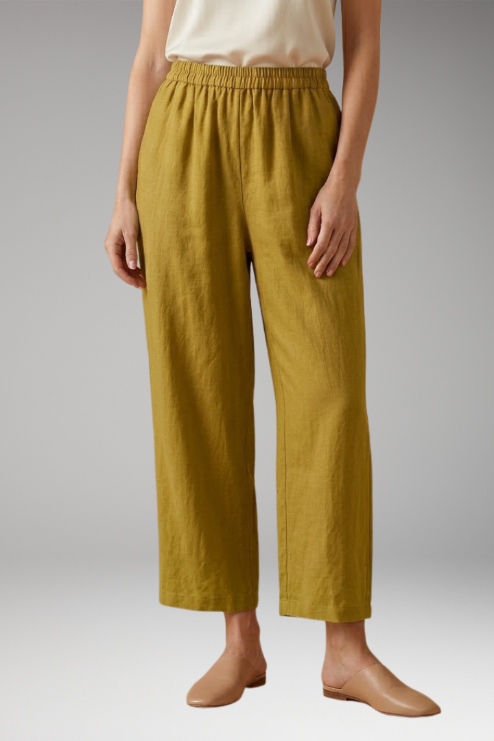 Women's Relaxed Linen-Cotton Trousers with Elasticated Waistband and Side Pockets