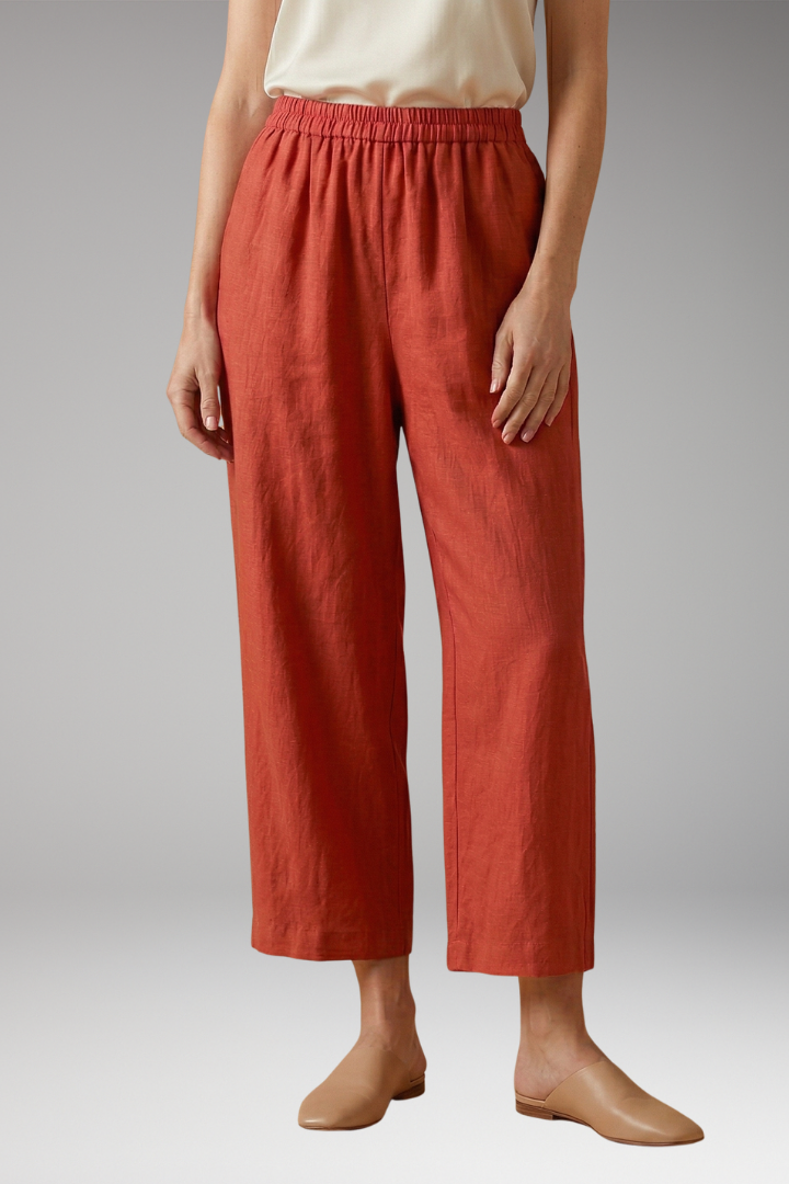 Women's Relaxed Linen-Cotton Trousers with Elasticated Waistband and Side Pockets