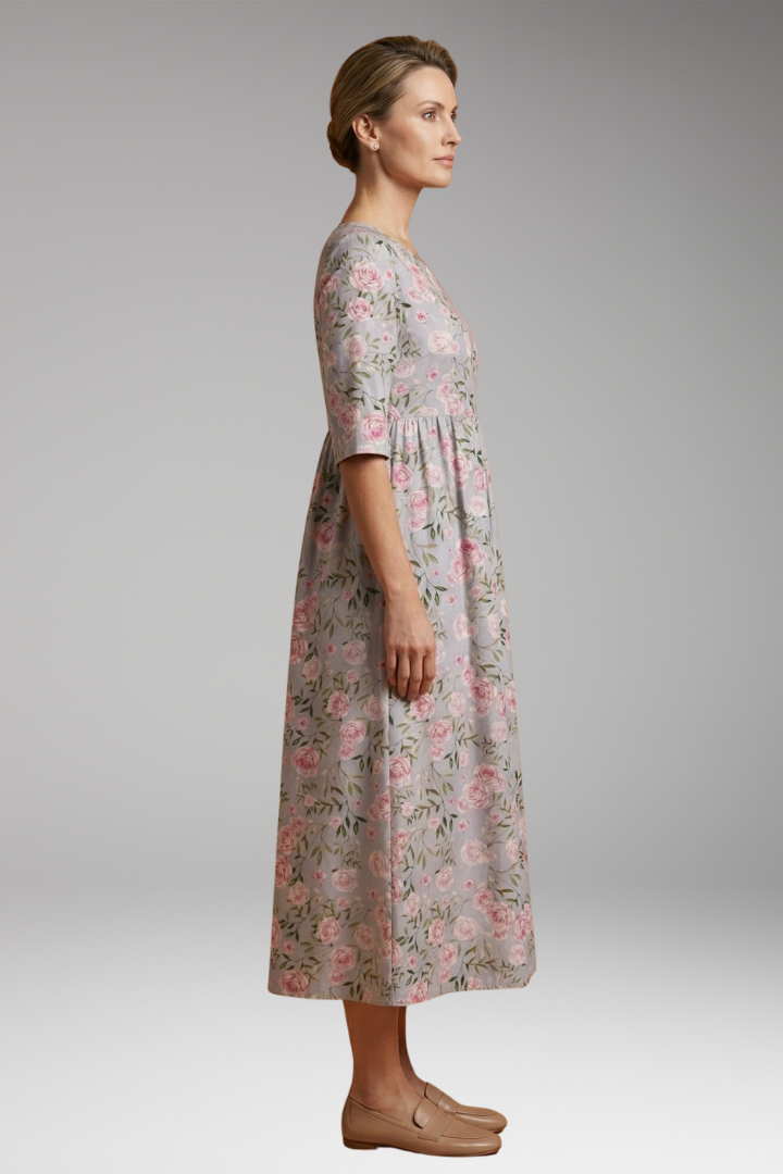 Women's Relaxed Midi Dress with Embroidered Accents and Flowy Silhouette