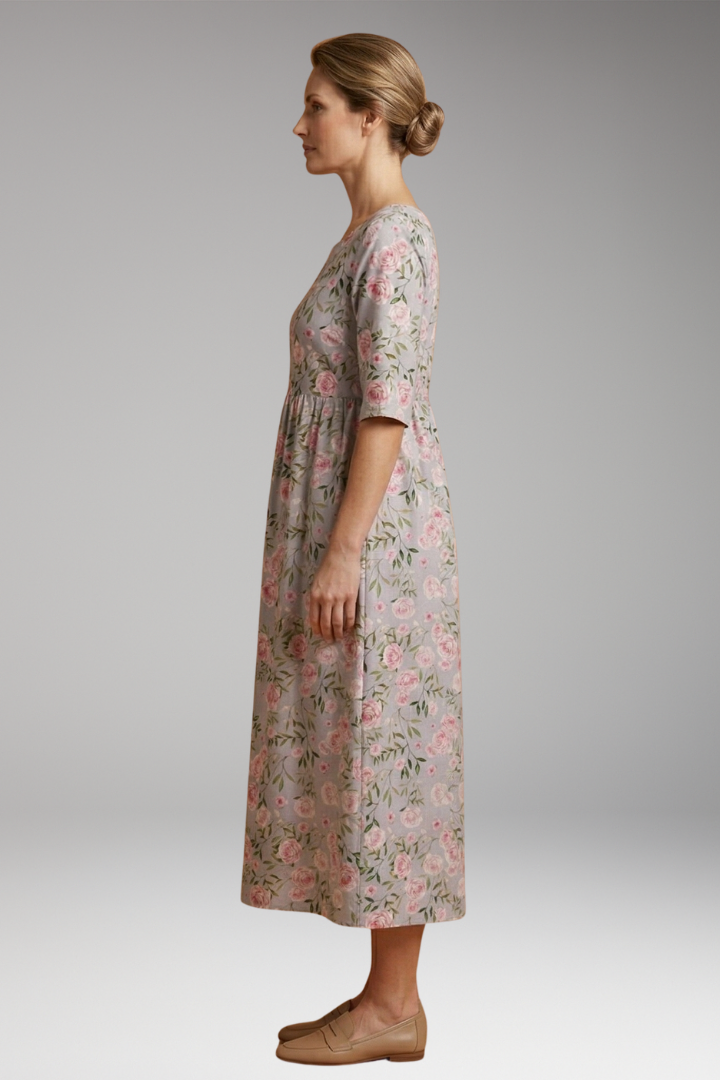 Women's Relaxed Midi Dress with Embroidered Accents and Flowy Silhouette