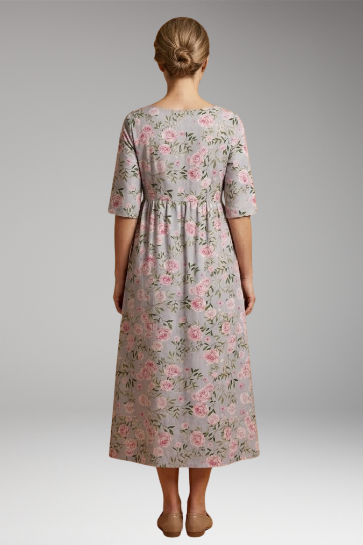 Women's Relaxed Midi Dress with Embroidered Accents and Flowy Silhouette