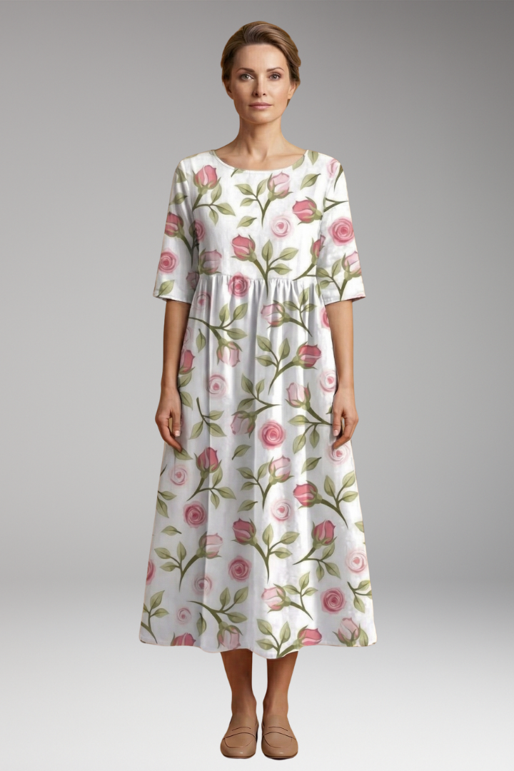 Women's Relaxed Midi Dress with Embroidered Accents and Flowy Silhouette