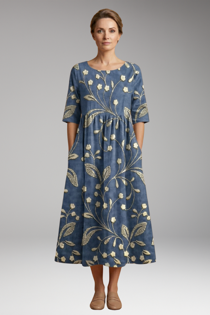 Women's Relaxed Midi Dress with Embroidered Accents and Flowy Silhouette