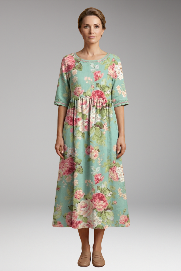 Women's Relaxed Midi Dress with Embroidered Accents and Flowy Silhouette
