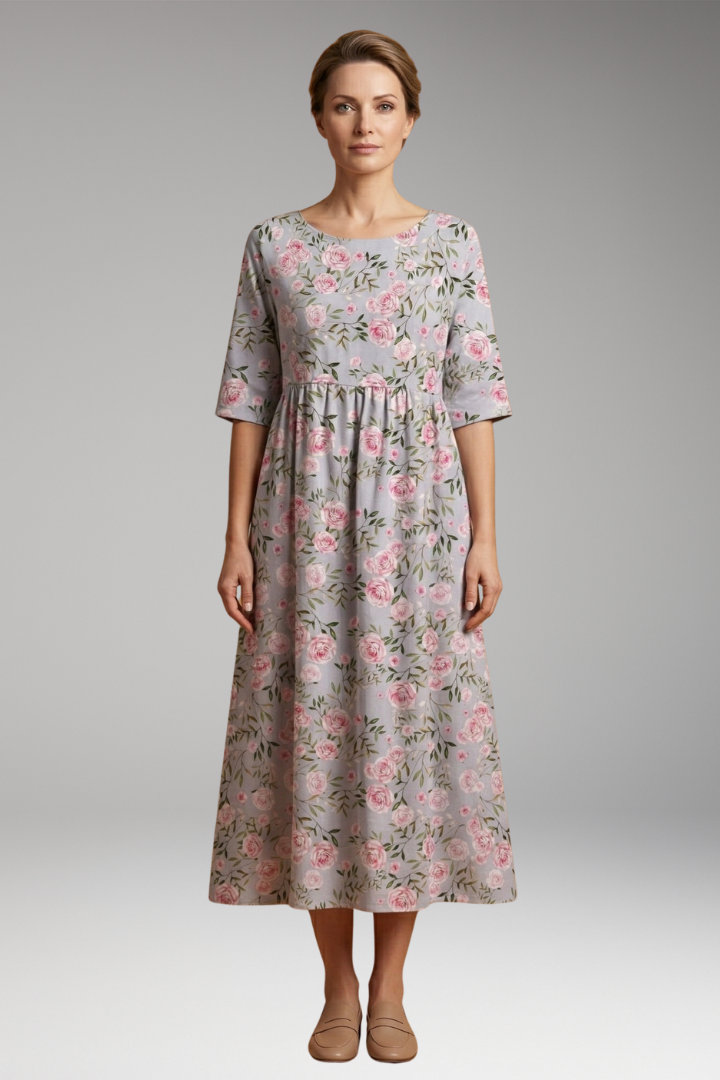 Women's Relaxed Midi Dress with Embroidered Accents and Flowy Silhouette