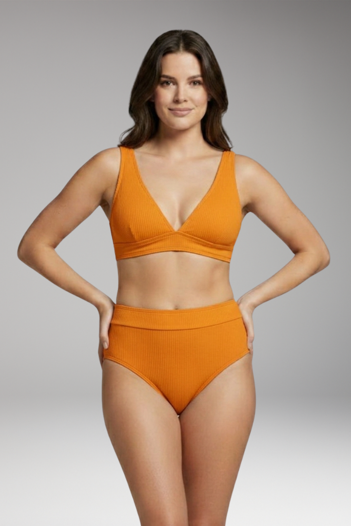Women's Ribbed Bikini Set with V-Neck and High-Waisted Bottoms