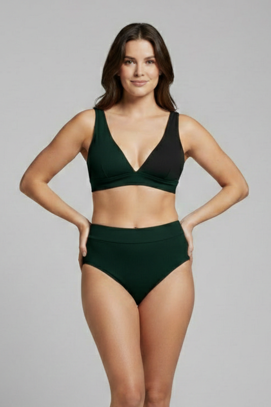 Women's Ribbed Bikini Set with V-Neck and High-Waisted Bottoms