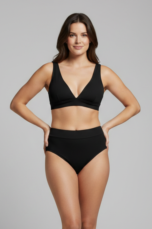Women's Ribbed Bikini Set with V-Neck and High-Waisted Bottoms