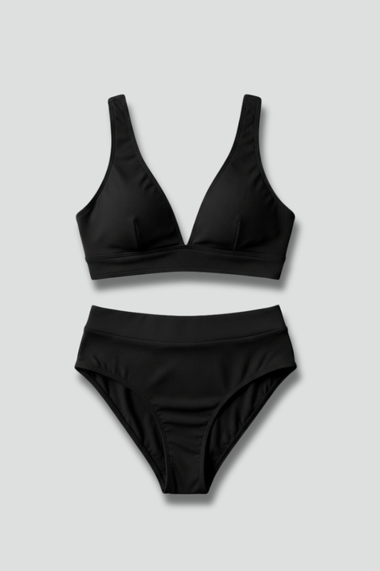 Women's Ribbed Bikini Set with V-Neck and High-Waisted Bottoms