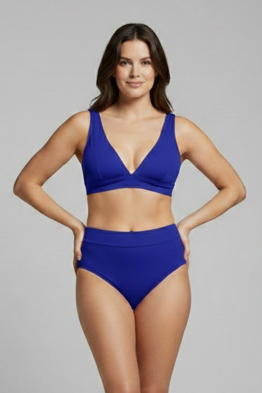 Women's Ribbed Bikini Set with V-Neck and High-Waisted Bottoms