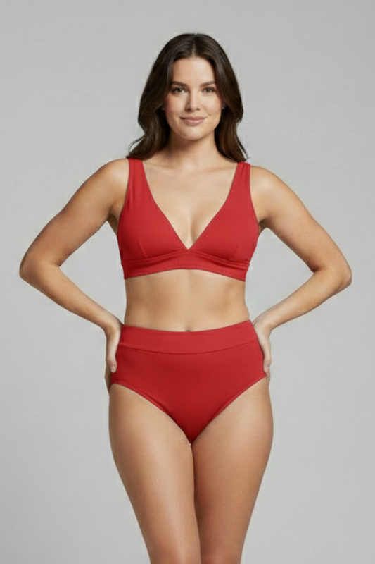 Women's Ribbed Bikini Set with V-Neck and High-Waisted Bottoms