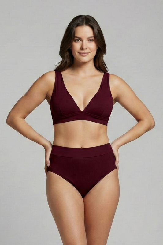 Women's Ribbed Bikini Set with V-Neck and High-Waisted Bottoms