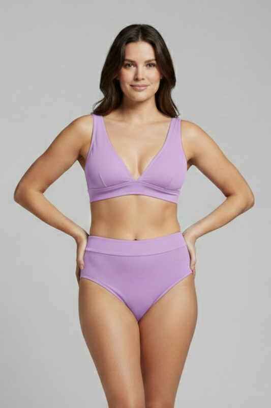 Women's Ribbed Bikini Set with V-Neck and High-Waisted Bottoms