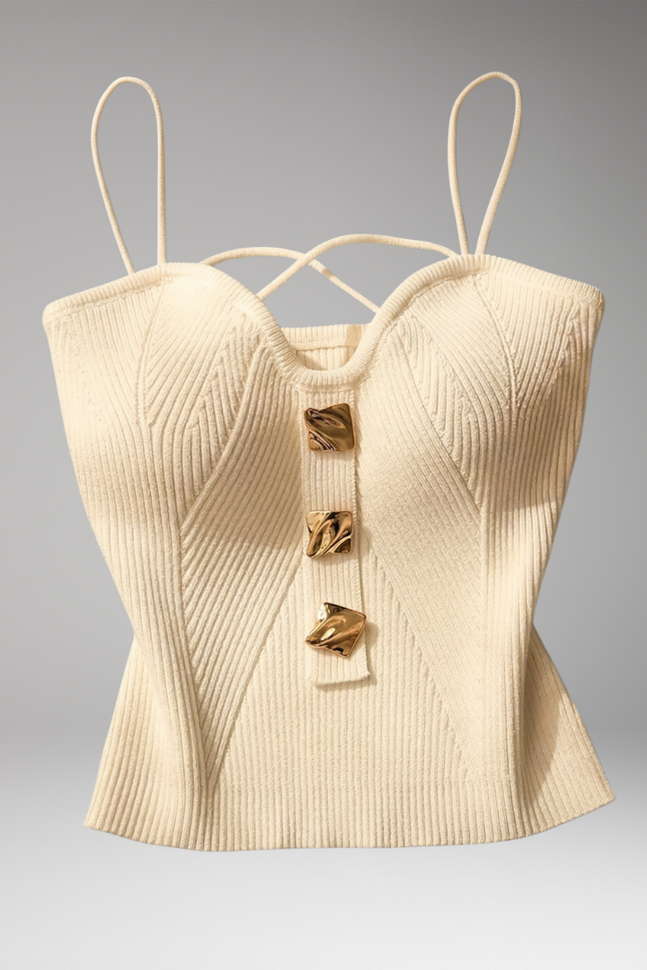 Women's Ribbed Corset Top with Gold Accents and Adjustable Straps