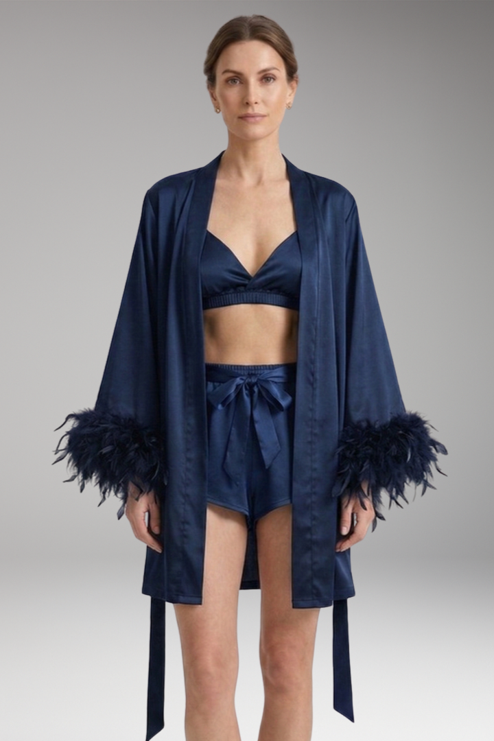 Women's Robe with Feathered Trim and Open Front
