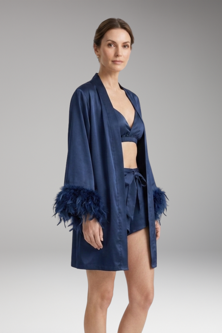 Women's Robe with Feathered Trim and Open Front