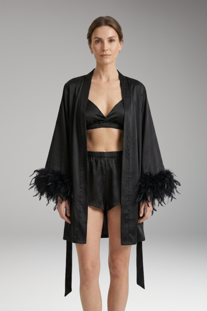 Women's Robe with Feathered Trim and Open Front