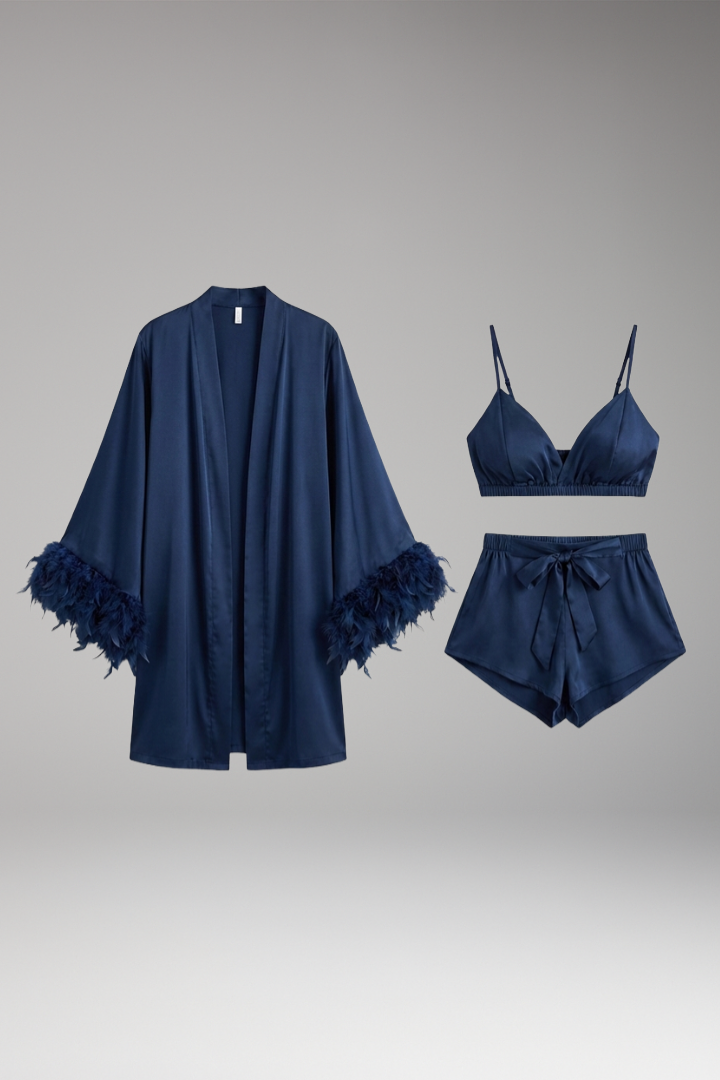 Women's Robe with Feathered Trim and Open Front