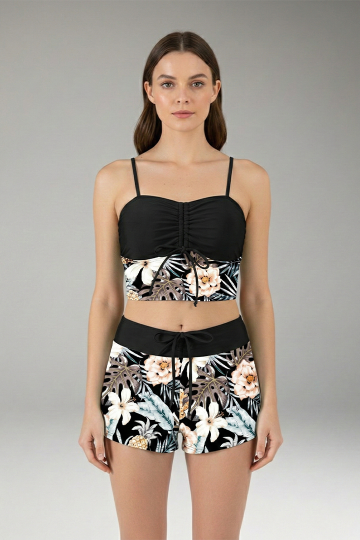 Women's Ruched Bikini Set with High-Waisted Shorts