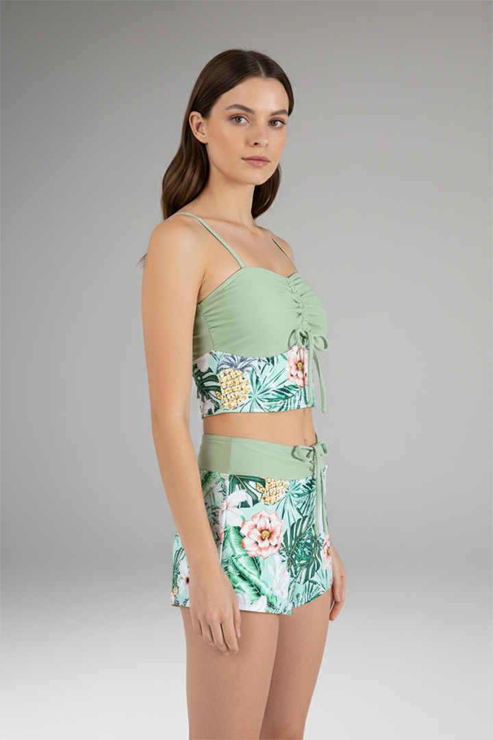 Women's Ruched Bikini Set with High-Waisted Shorts