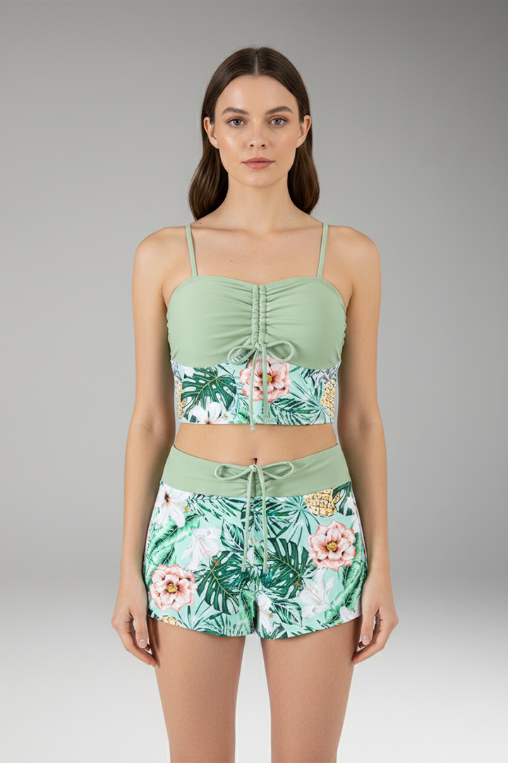 Women's Ruched Bikini Set with High-Waisted Shorts