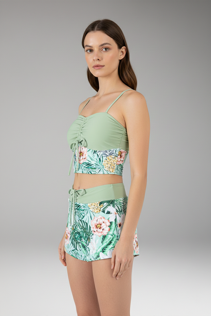 Women's Ruched Bikini Set with High-Waisted Shorts