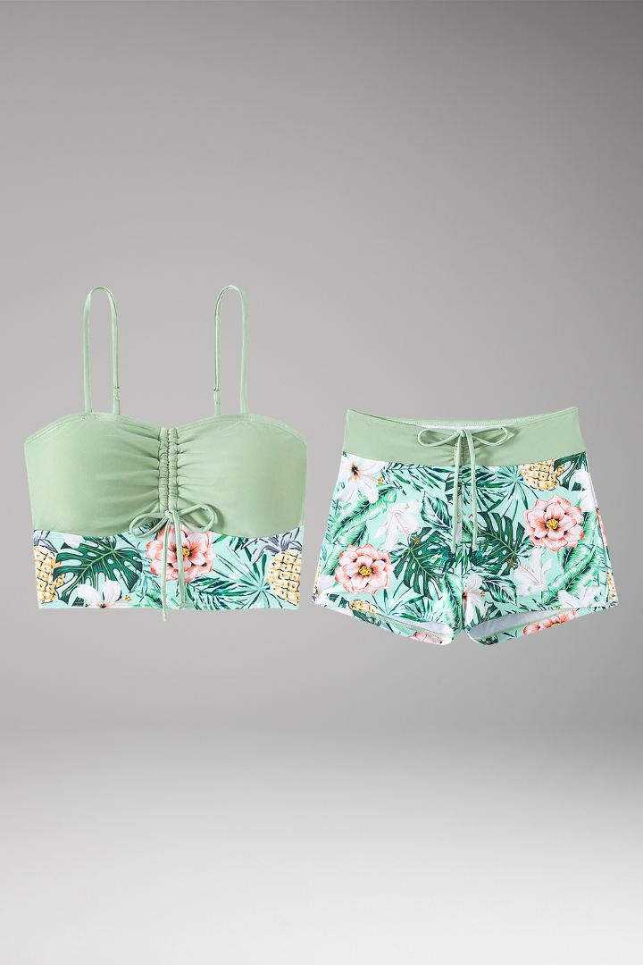 Women's Ruched Bikini Set with High-Waisted Shorts