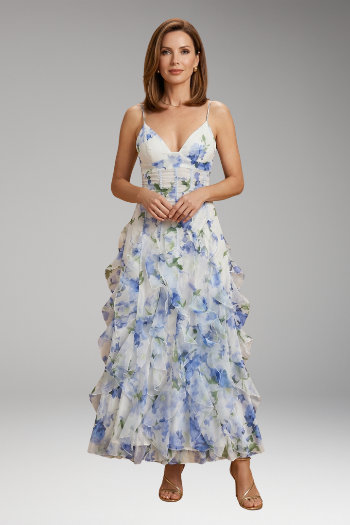 Women's Ruffled Floral Maxi Dress with Playful Ruffles and Floral Pattern