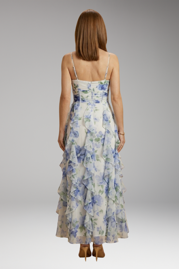 Women's Ruffled Floral Maxi Dress with Playful Ruffles and Floral Pattern