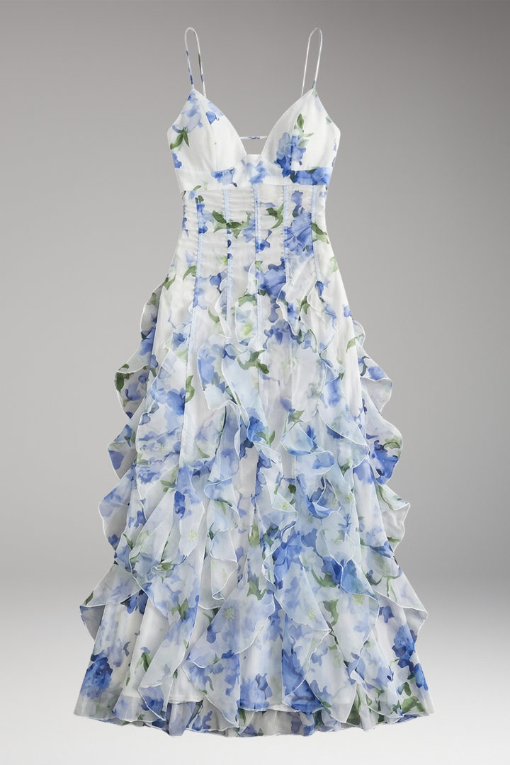 Women's Ruffled Floral Maxi Dress with Playful Ruffles and Floral Pattern