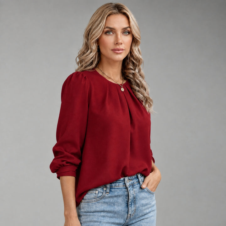 Women's Satin Blouse with Pleated Design and 3/4 Sleeves