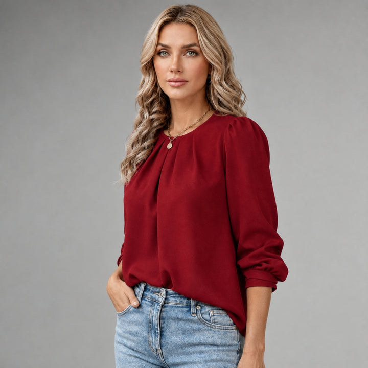 Women's Satin Blouse with Pleated Design and 3/4 Sleeves