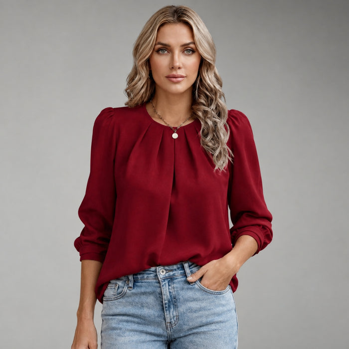 Women's Satin Blouse with Pleated Design and 3/4 Sleeves