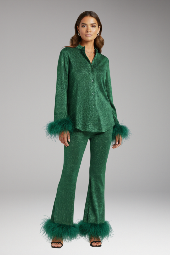 Women's Set with Button Front and Feather Trim