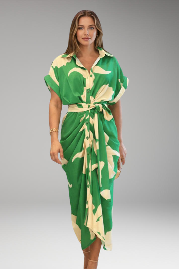 Women's Shirt Dress with Belt Tie and Short Sleeves
